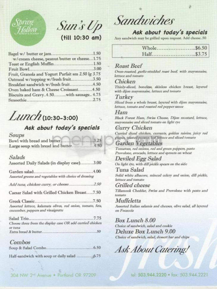 Spring Hollow Cafe - Portland, OR menu_pic