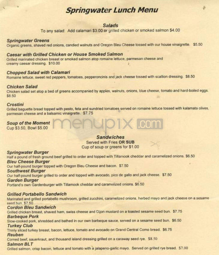 Springwater Grill - Portland, OR menu_pic