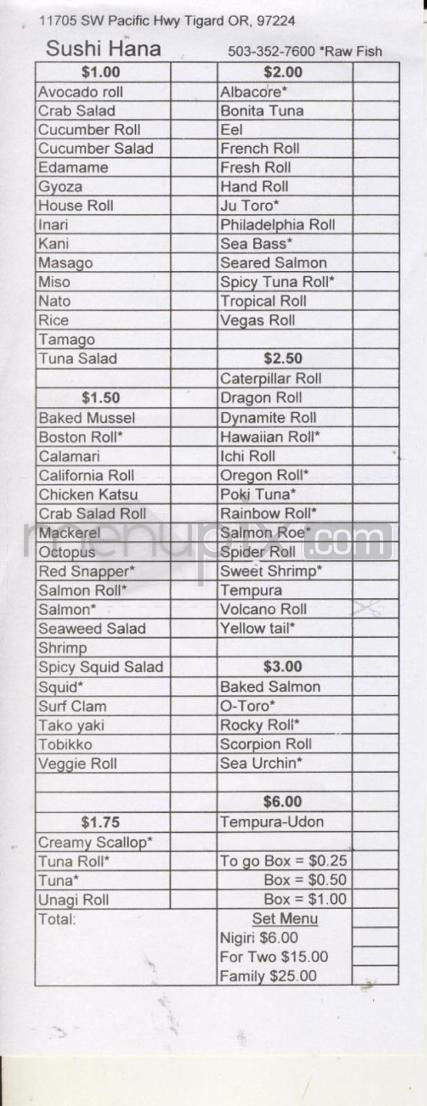Sushi Hana - Portland, OR menu_pic