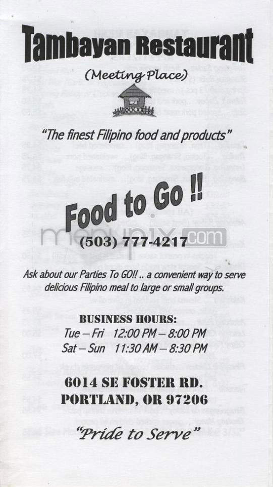 Tambayan Restaurant - Portland, OR menu_pic
