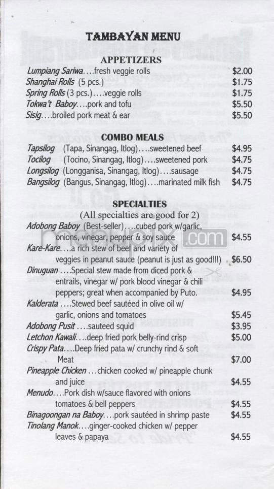 Tambayan Restaurant - Portland, OR menu_pic