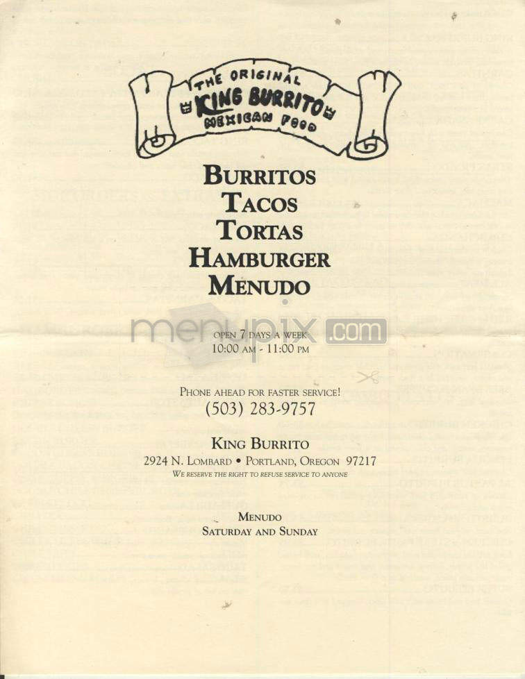 The King Burrito - Portland, OR menu_pic