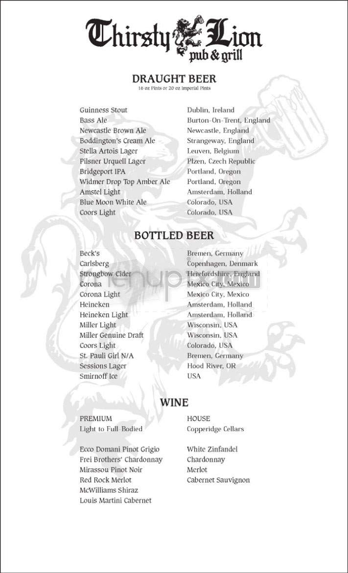Thirsty Lion - Portland, OR menu_pic