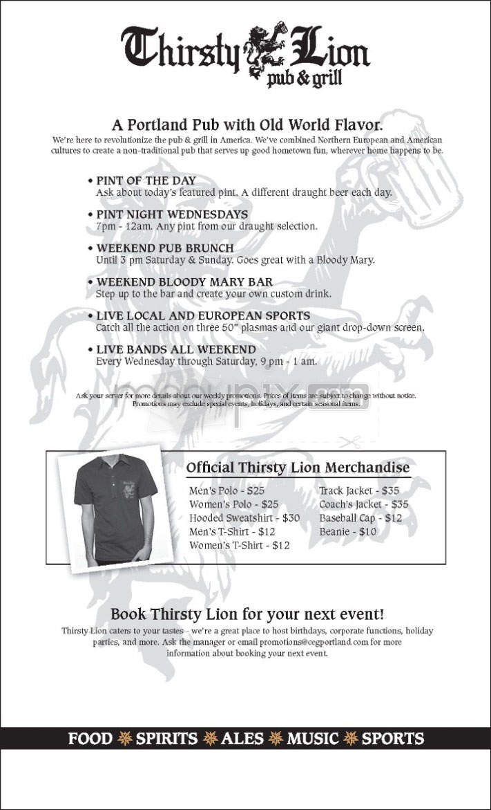 Thirsty Lion - Portland, OR menu_pic