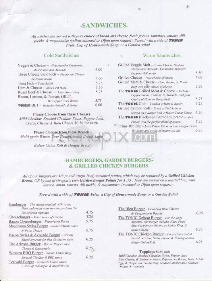 Tonic Lounge - Portland, OR menu_pic