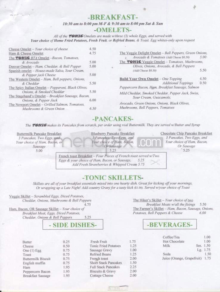 Tonic Lounge - Portland, OR menu_pic