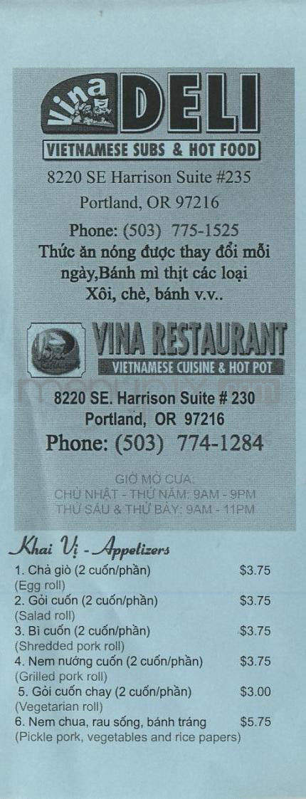 Vina Deli - Portland, OR menu_pic