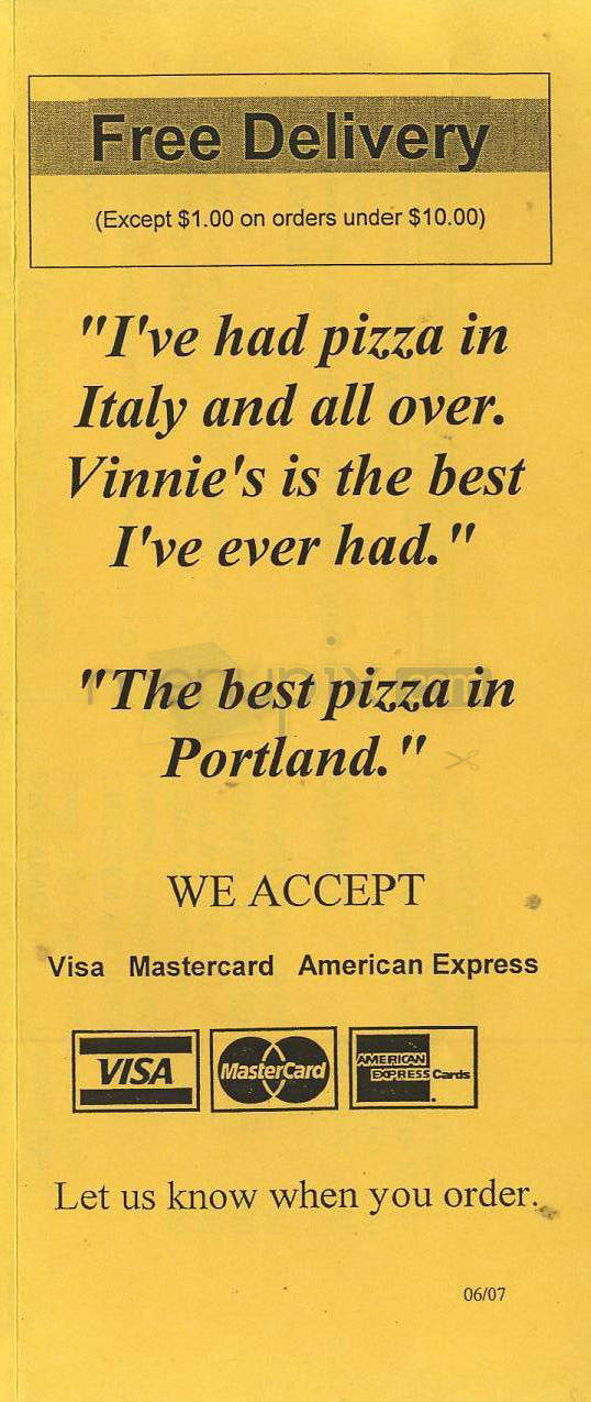 Vinnie's Pizza - Portland, OR menu_pic