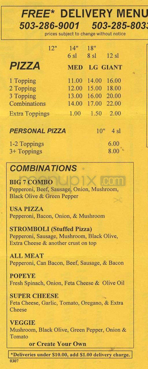 Vinnie's Pizza - Portland, OR menu_pic
