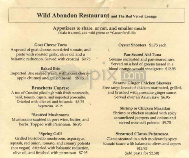 Wild Abandon & The Velvet Lounge - Portland, OR menu_pic