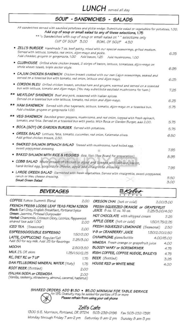Zell's Cafe - Portland, OR menu_pic