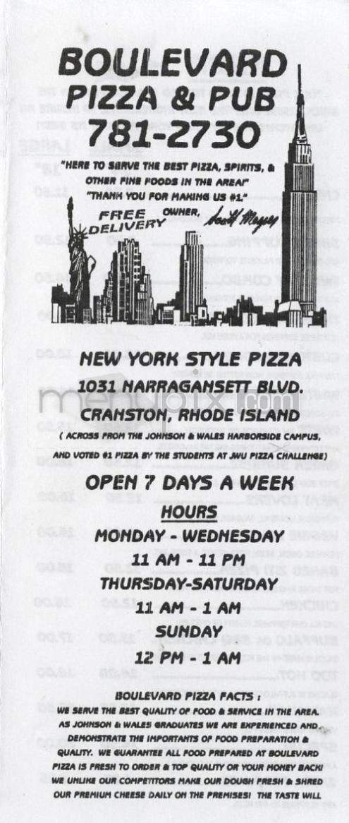 Boulevard Pizza & Pub - Cranston, RI menu_pic