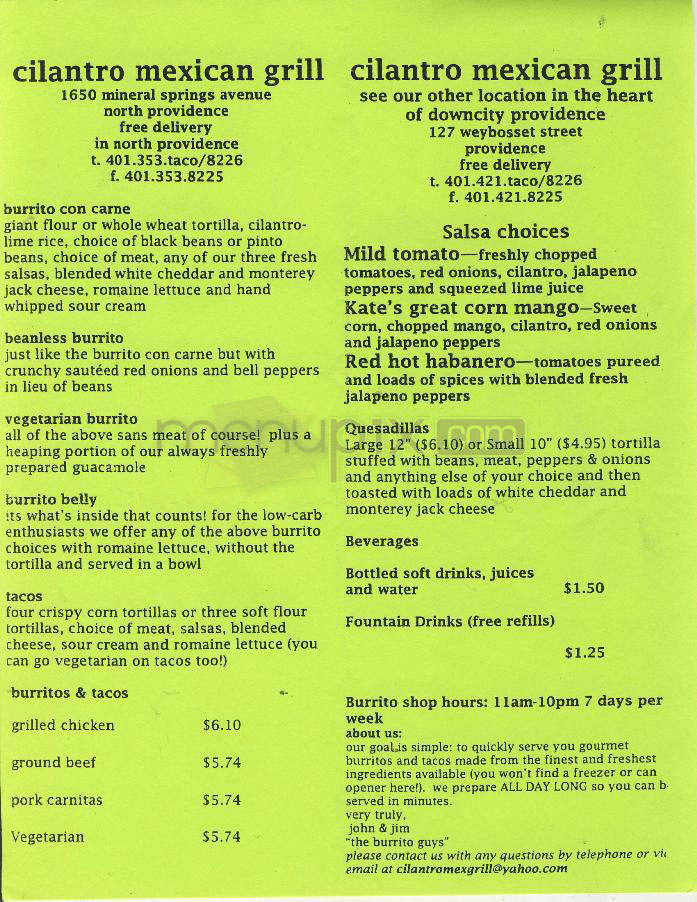 Cilantro Mexican Grill - Providence, RI menu_pic