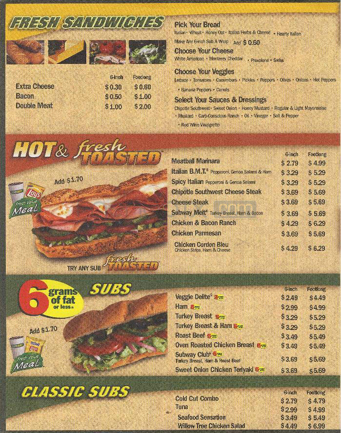 Subway Sandwiches & Salads - Cranston, RI menu_pic