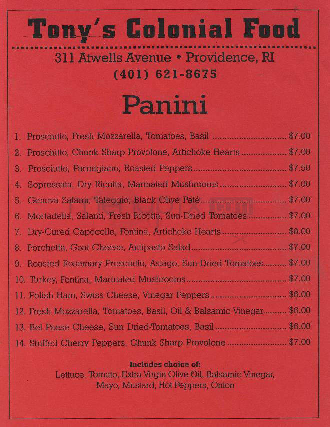 Tony's Colonial Food - Providence, RI menu_pic