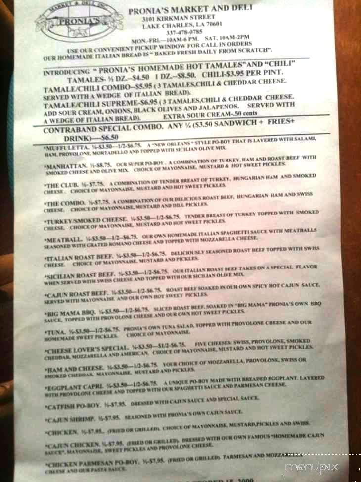 Pronia's Deli - Lake Charles, LA menu_pic
