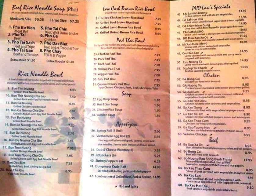 Pho Lan - Loveland, CO menu_pic