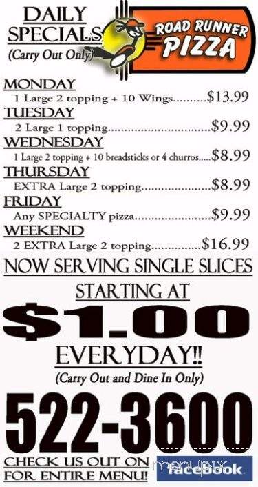 Roadrunner Pizza - Las Cruces, NM menu_pic