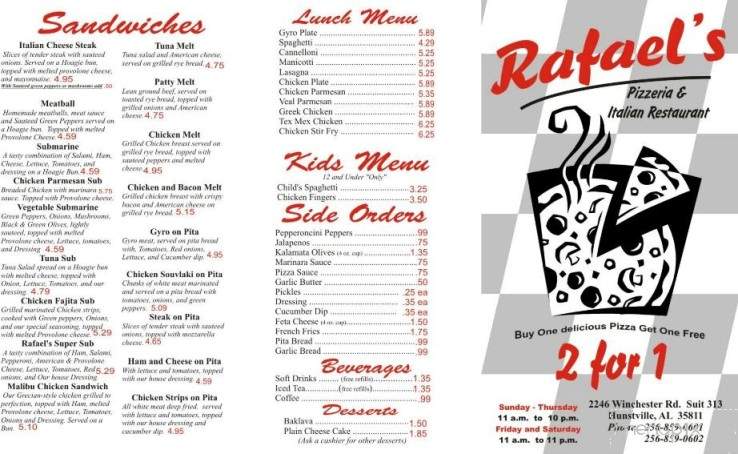 Rafael's Pizzeria Italian Restaurant Huntsville - Huntsville, AL menu_pic