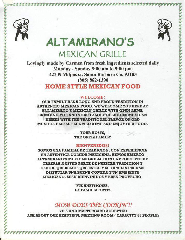 Altamirano's Mexican Grille - Santa Barbara, CA menu_pic