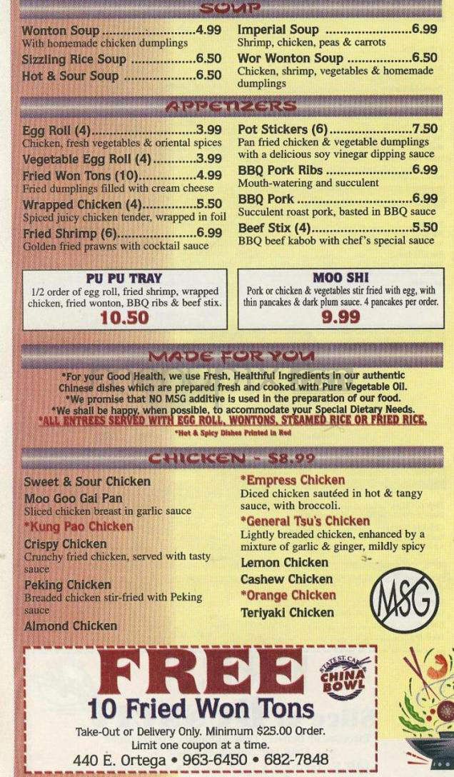 China Bowl & State Street Cafe - Santa Barbara, CA menu_pic