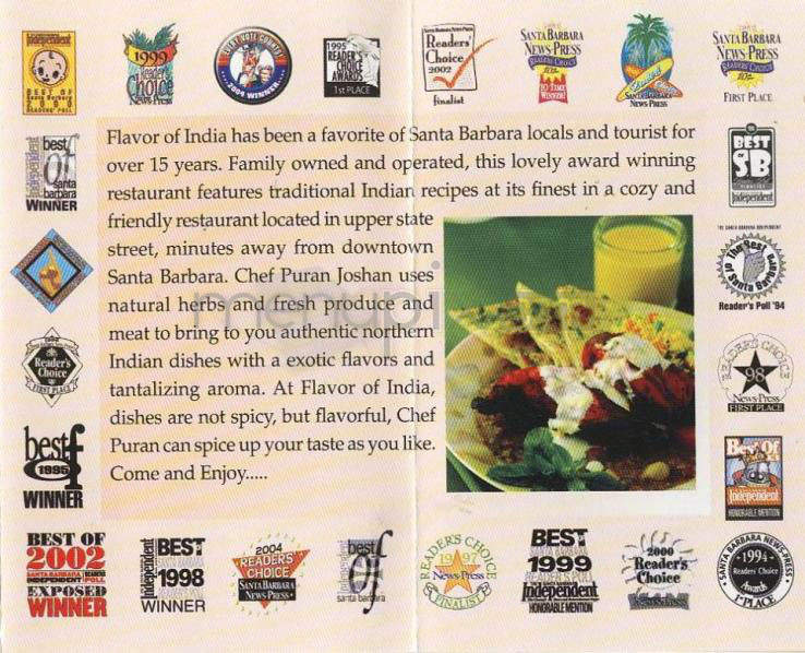 Flavor Of India - Santa Barbara, CA menu_pic