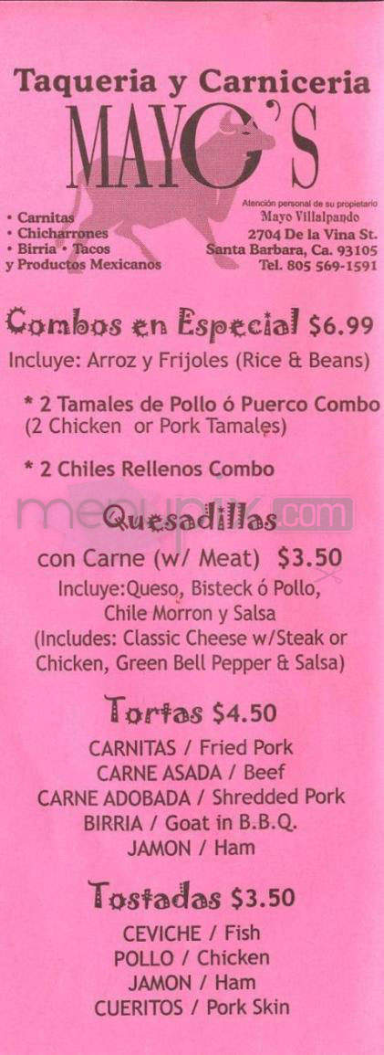Mayo's Carniceria & Tacos - Santa Barbara, CA menu_pic