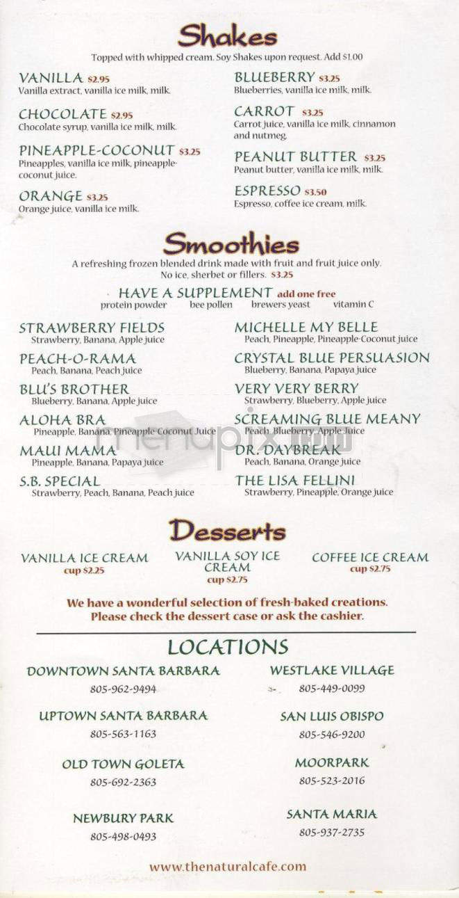 Natural Cafe & Juice Bar - Santa Barbara, CA menu_pic