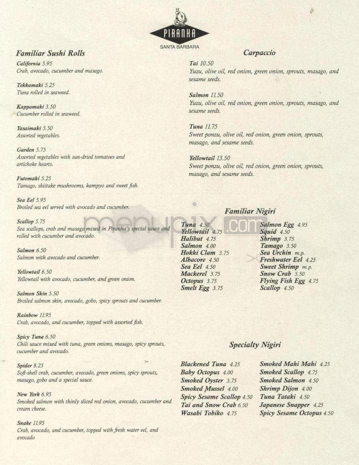 Piranha - Santa Barbara, CA menu_pic