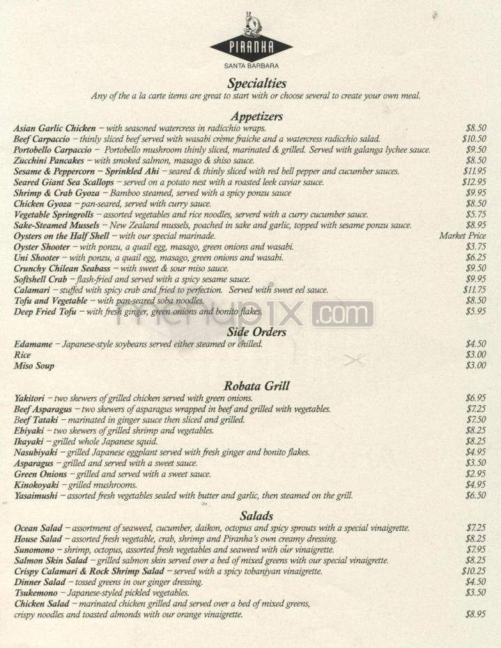 Piranha - Santa Barbara, CA menu_pic