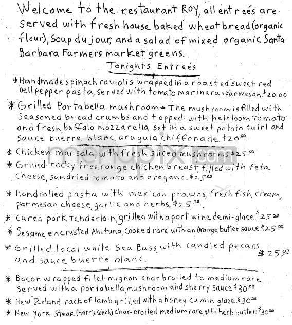 Roy - Santa Barbara, CA menu_pic