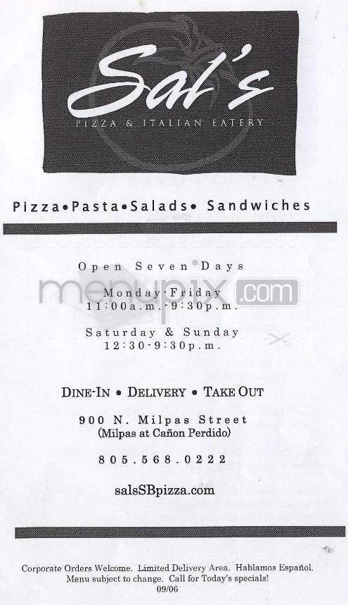 Sal's Pizza - Santa Barbara, CA menu_pic