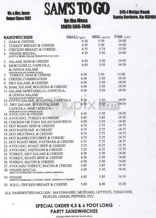 Sam's To Go - Santa Barbara, CA menu_pic