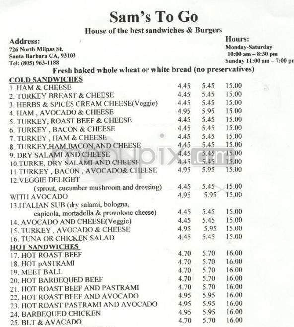 Sam's To Go - Santa Barbara, CA menu_pic