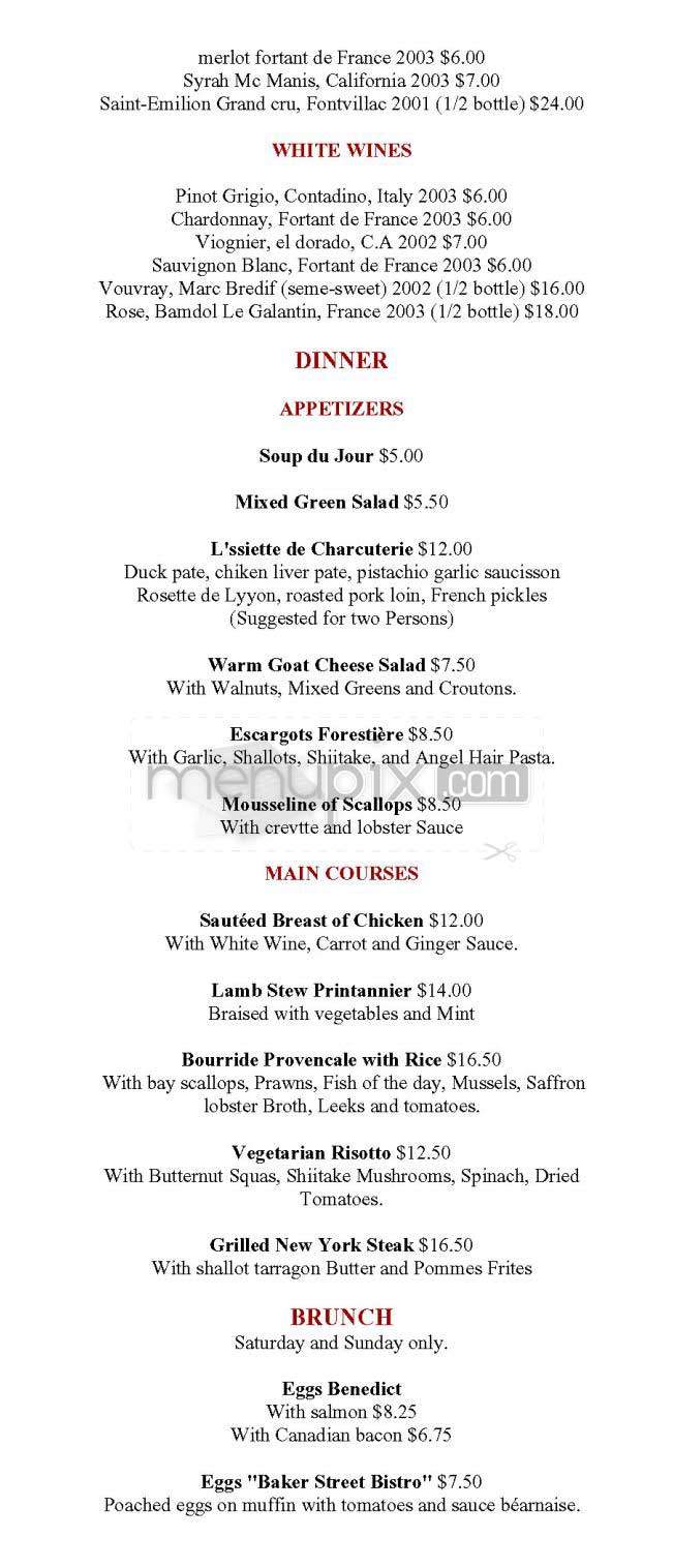 Baker Street Bistro - San Francisco, CA menu_pic