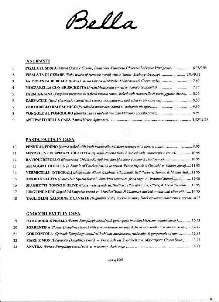Bella - Maryville, TN menu_pic
