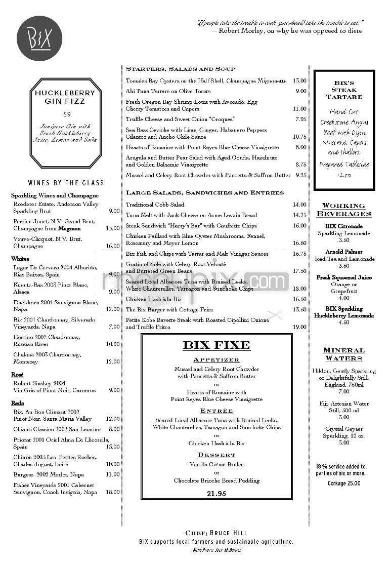 Bix - San Francisco, CA menu_pic