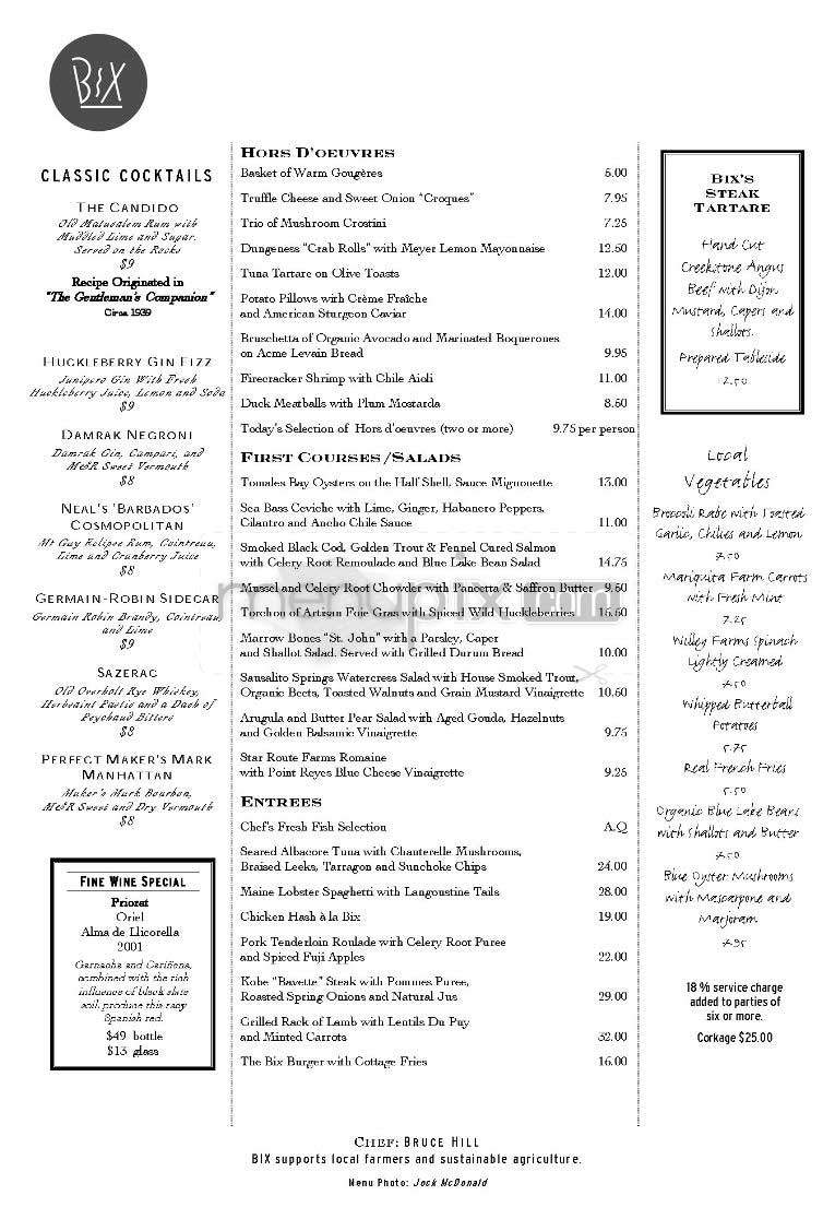 Bix - San Francisco, CA menu_pic