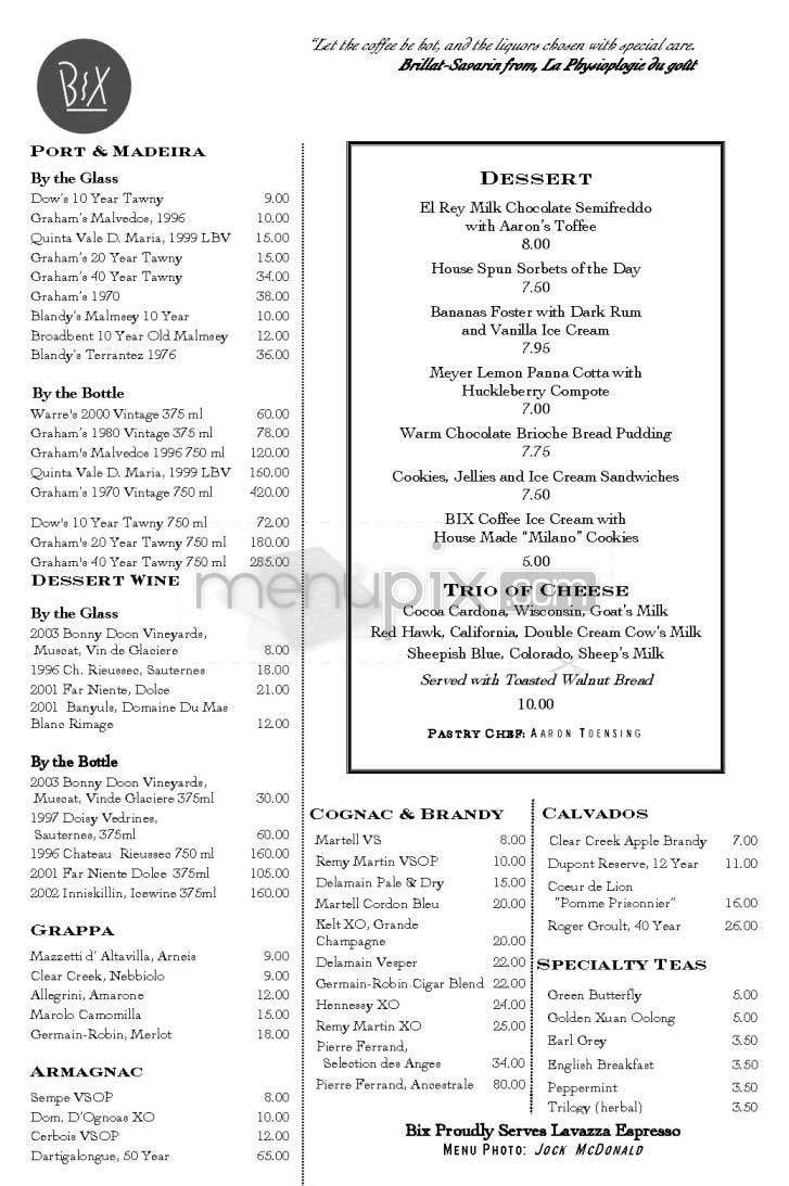 Bix - San Francisco, CA menu_pic
