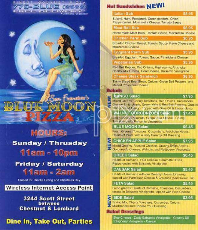 Blue Moon Pizza - San Francisco, CA menu_pic