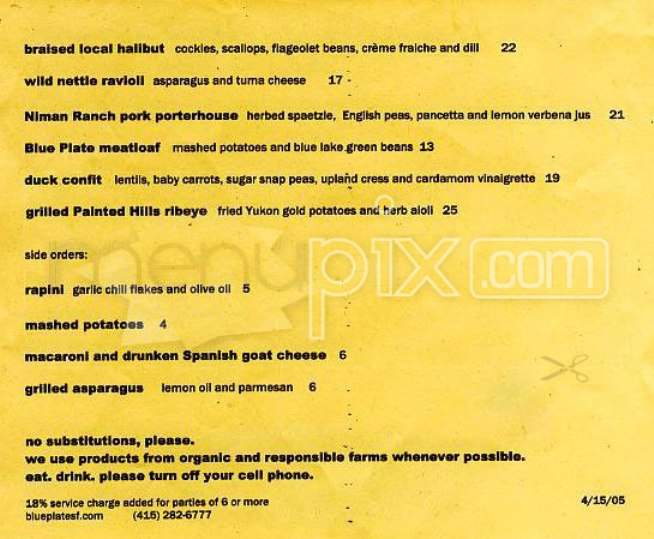 Blue Plate - San Francisco, CA menu_pic