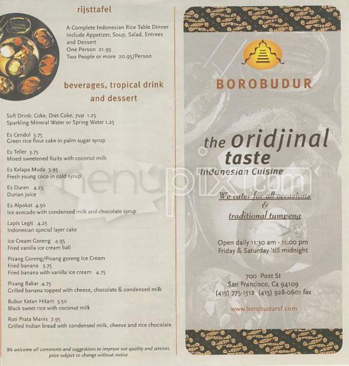 Borobudur Restaurant - San Francisco, CA menu_pic