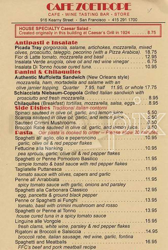 Cafe Zoetrope - San Francisco, CA menu_pic
