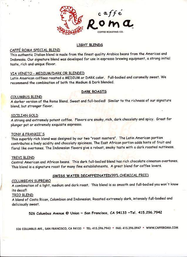 Caffe Roma - San Francisco, CA menu_pic