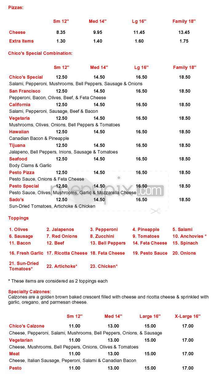 Chico's Pizza - San Francisco, CA menu_pic