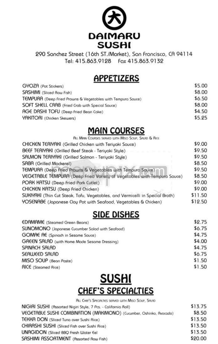 Daimaru Sushi - San Francisco, CA menu_pic