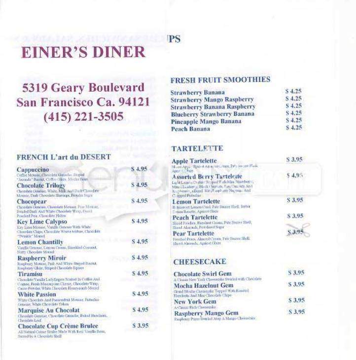 Einer's Diner - San Francisco, CA menu_pic