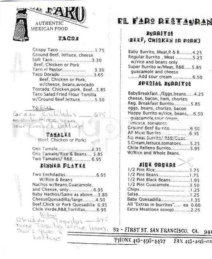 El Faro Restaurant - San Francisco, CA menu_pic