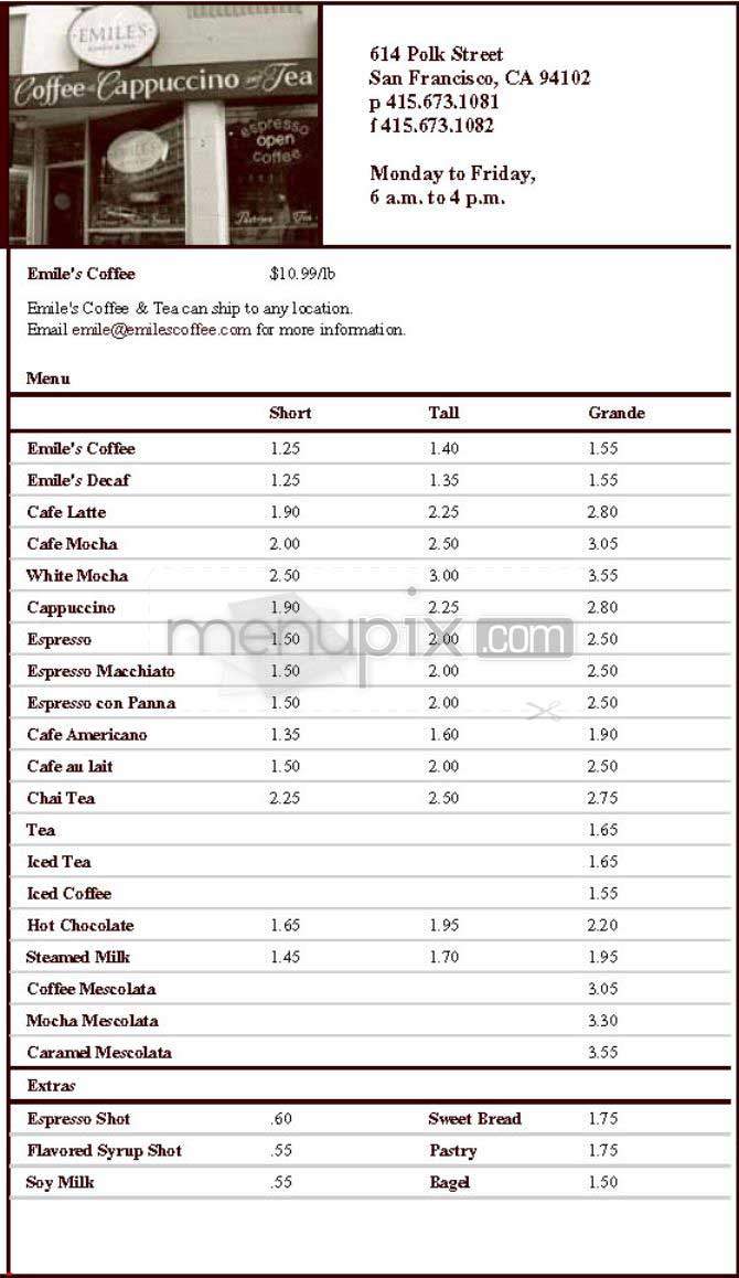 Emile's Coffee & Tea - San Francisco, CA menu_pic