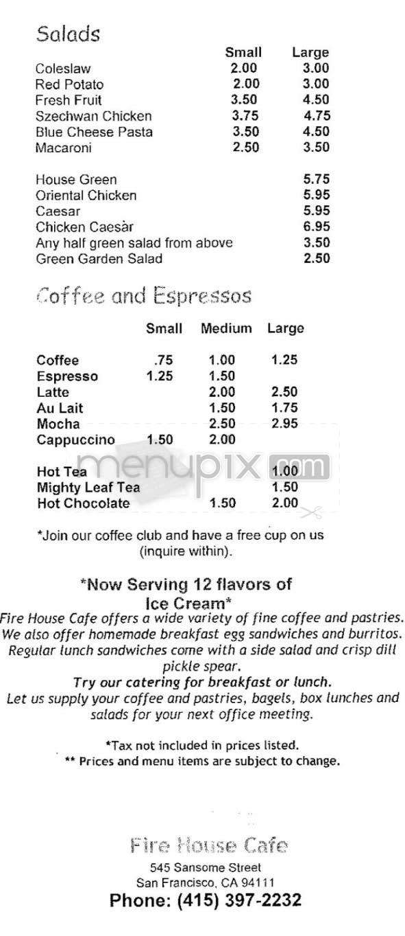 Menu Of Fire House Cafe In San Francisco Ca Menu Of Fire House Cafe In San Francisco Ca